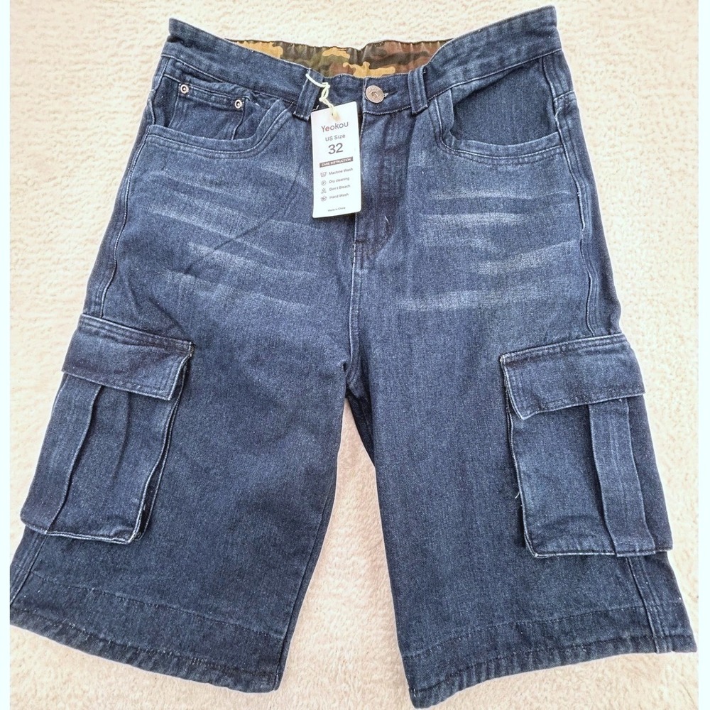 NEW Yeokou Mens Denim Cargo Shorts Dark Wash Blue Camo Waistband 32 Utility